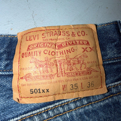 Levis 501 Vintage 90s USA XX Straight Leg Jeans Blue Thrashed 35x36 Act 33x32