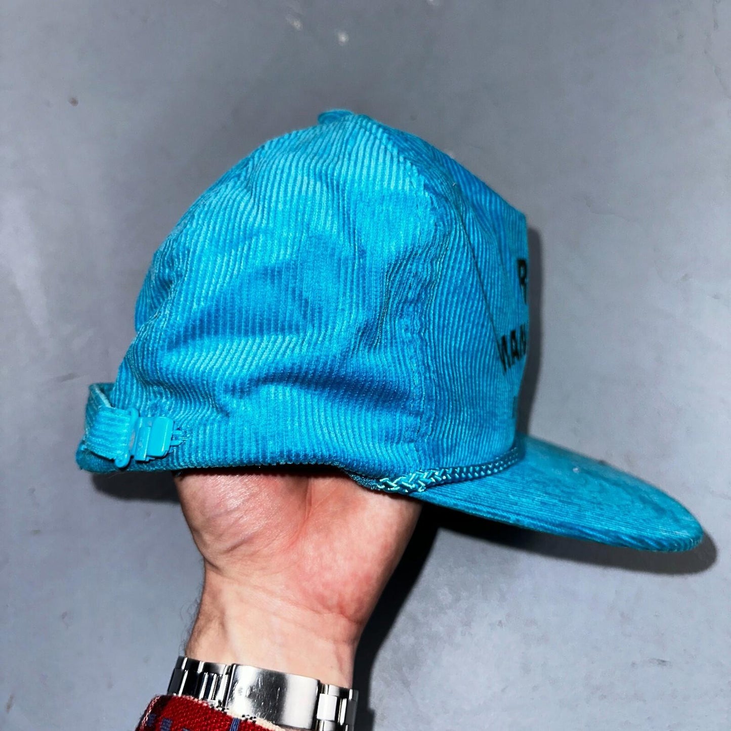 Baker Montana Ross Management Corduroy VTG Hat Cap Snapback Blue Fun Text Otto
