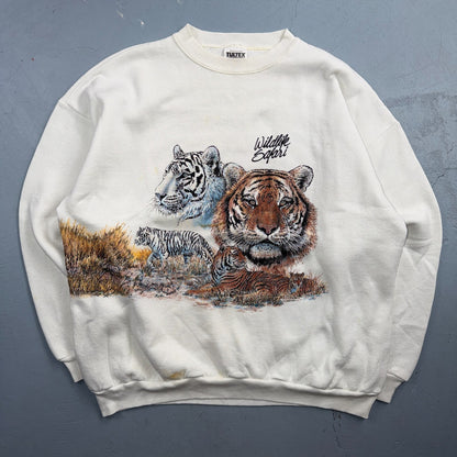 VTG 90s Wildlife Safari Tiger Sweatshirt White Tultex Made USA XL Big Cats AOP