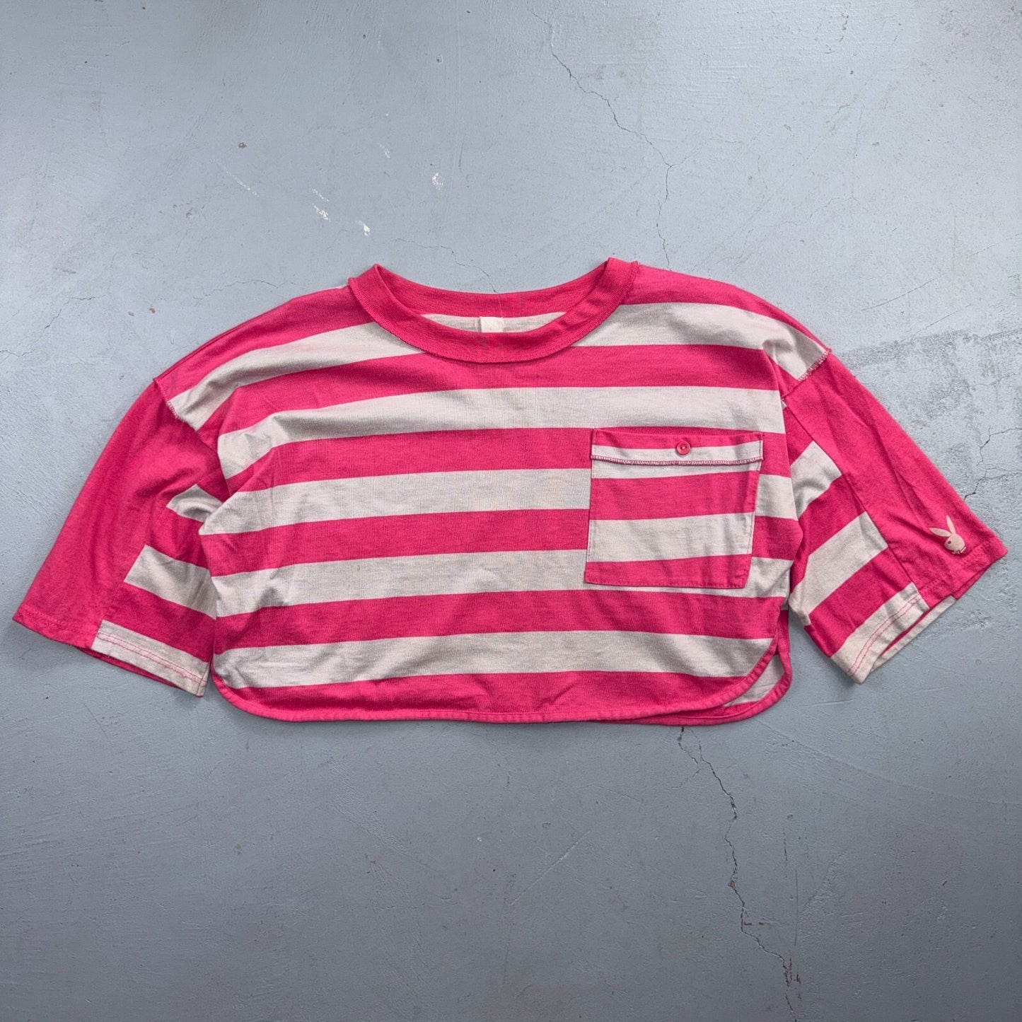 Playboy 90s Striped VTG T Shirt Pink Gray Crop Top Cute Summer Y2K Boxy Fit