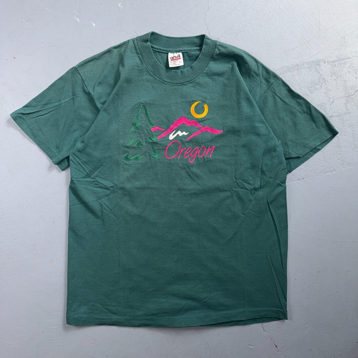 Oregon Anvil 90s VTG T Shirt Single Stitch Green Embroidery USA Trees Mountain