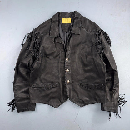Vintage Buckskin Montana Jacket Black Leather Fringe Western Leather Cowboy 70s