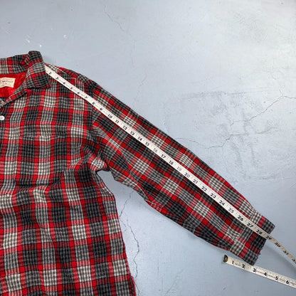 VTG XL 50s Penneys Shirt Red Plaid Wool Button Loop Collar Rockabilly 1950s Gray