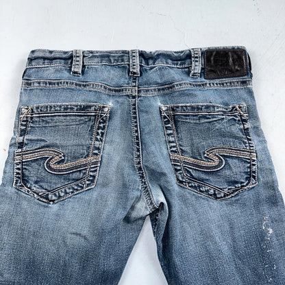 Silver Jeans Mens 34x30 Eddie Blue Denim Stretch Straight 5 Pocket Whiskering