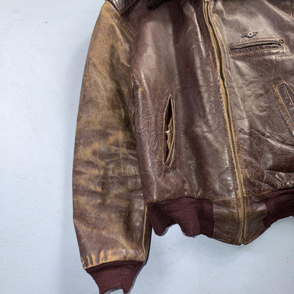 VTG WWII Horsehide Leather Zip Up Bomber Jacket Fur Collar 40s 50s A2 Civilian