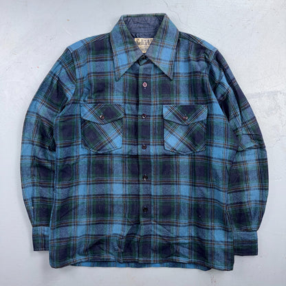 VTG 70s Selkirk Wool CPO Shirt Jacket Blue Green Plaid Rockabilly 1970s
