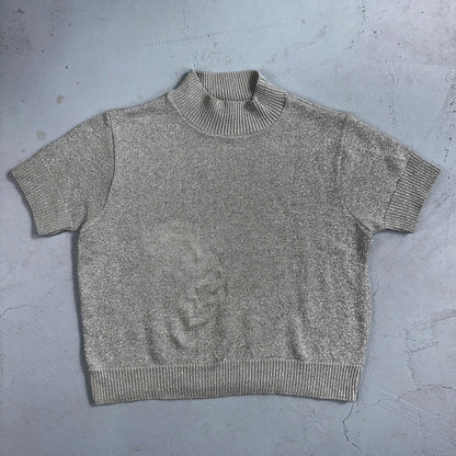 BFA Classics Womens Knit Short Sleeve Sweater Size Small Silver Sparkly Cute