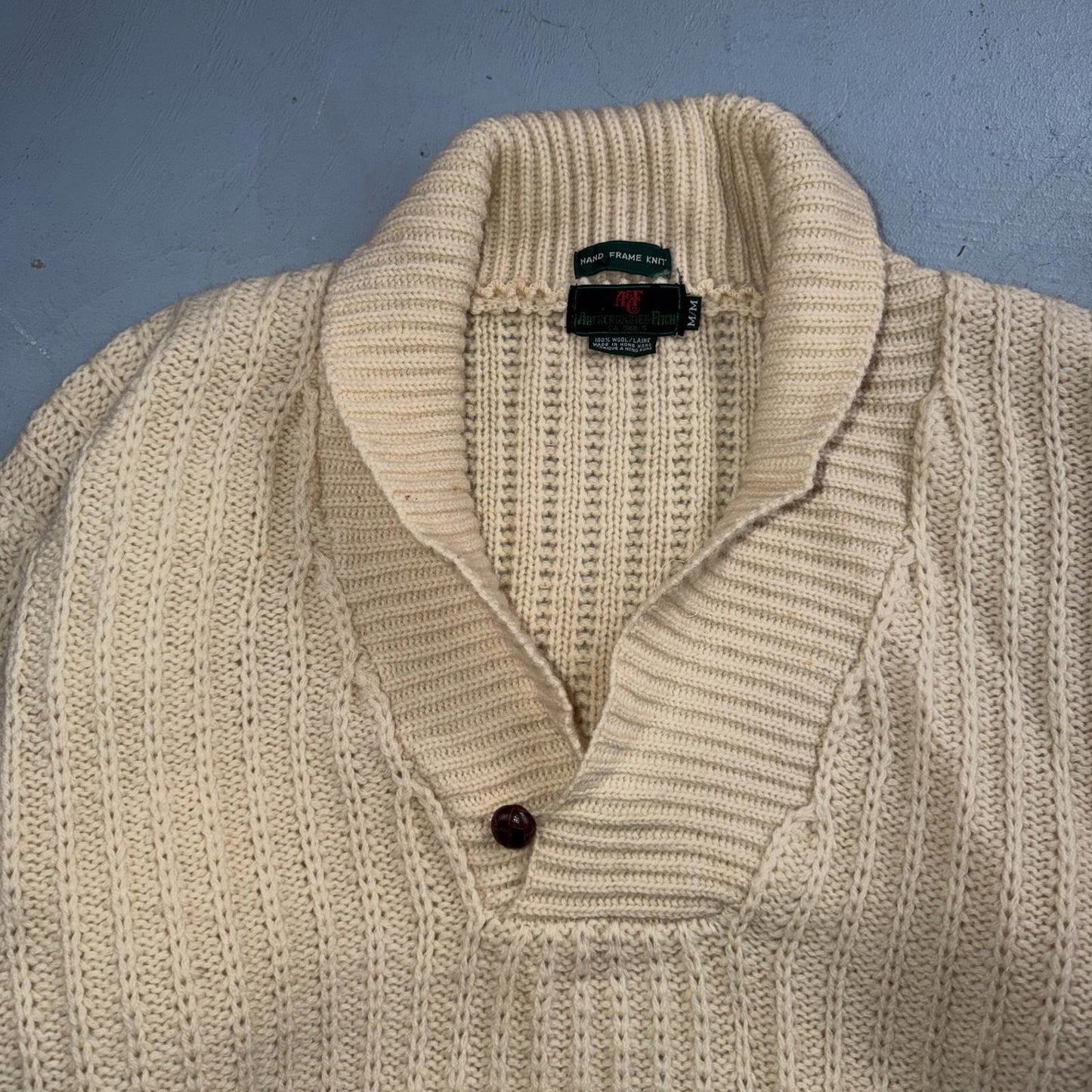 VTG Abercrombie & Fitch Heavy Wool Shawl Sweater Oatmeal Beige Fisherman 70s