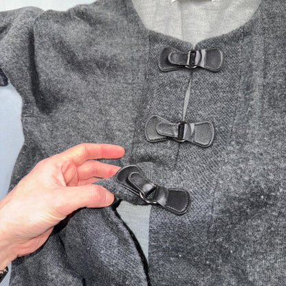 ELLEN TRACY Sweater M Wool Cardigan Duster Coat Buckle Latch Double Knit Gray