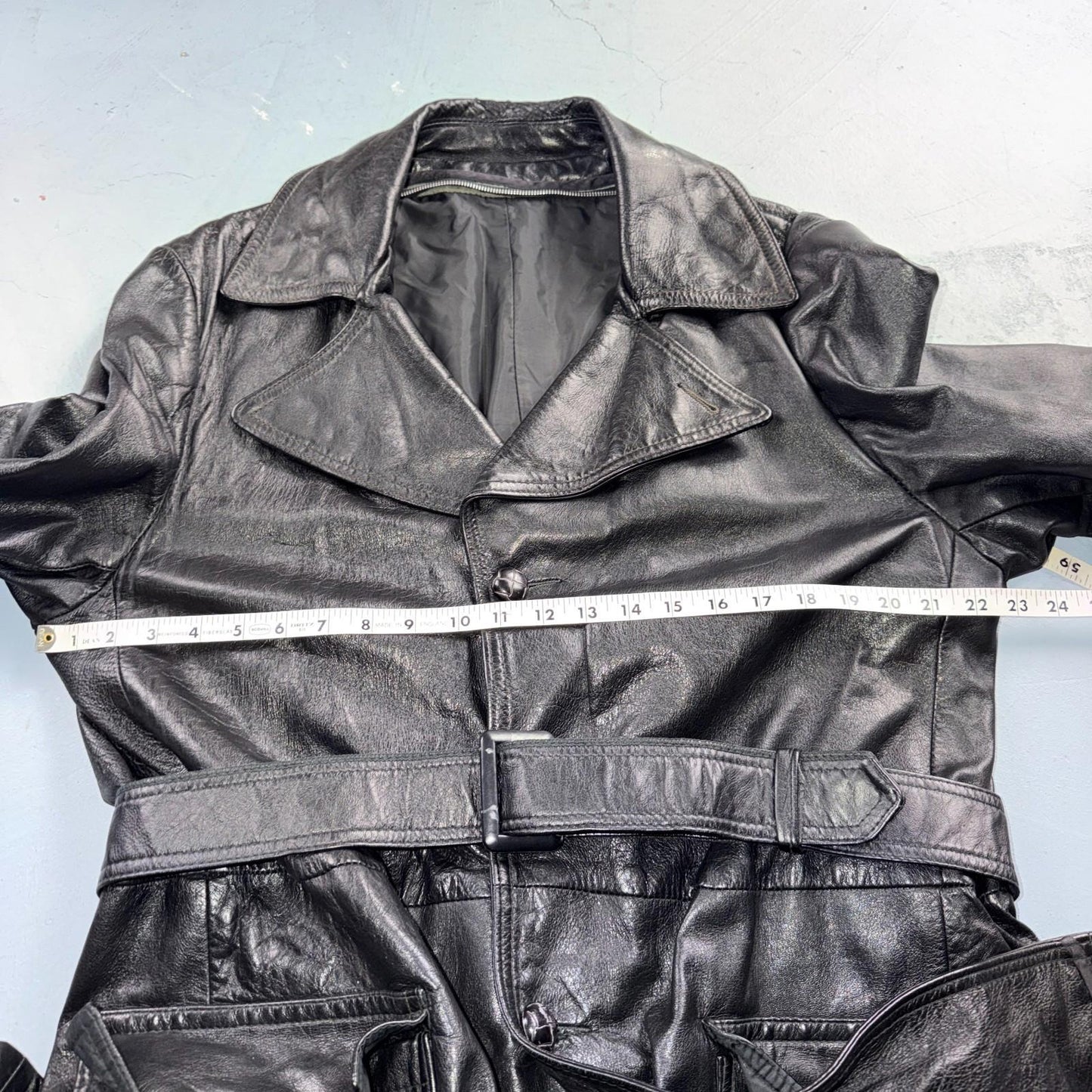 VTG Mens Long Length Vintage Leather Military Duster UNLined Rockabilly 60s Belt