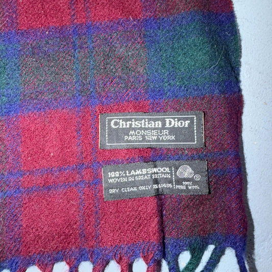 Vintage Christian Dior Dark Colors Tartan Plaid 100% Lambswool Scarf HOLES As Is