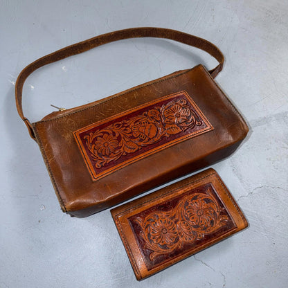 VTG Leather Bag Clutch Western Hand Tooled Leather Purse Saddle Brown Wallet