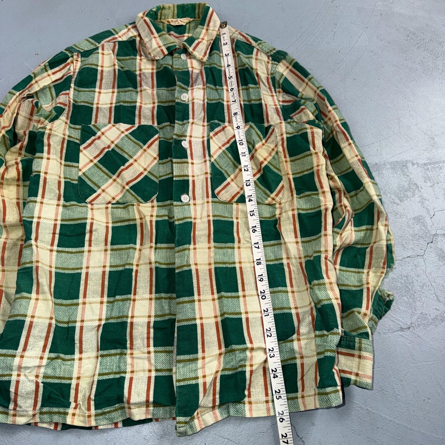 VTG 60s Penneys Towncraft Button Green Cotton Shirt Plaid Rockabilly Distressed