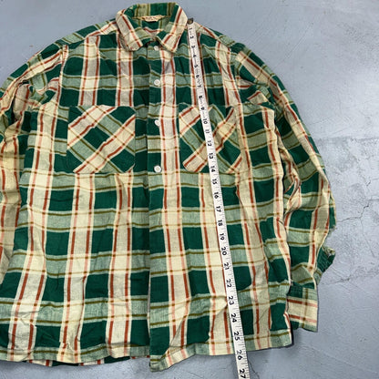 VTG 60s Penneys Towncraft Button Green Cotton Shirt Plaid Rockabilly Distressed