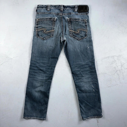 Silver Jeans Mens 34x30 Eddie Blue Denim Stretch Straight 5 Pocket Whiskering