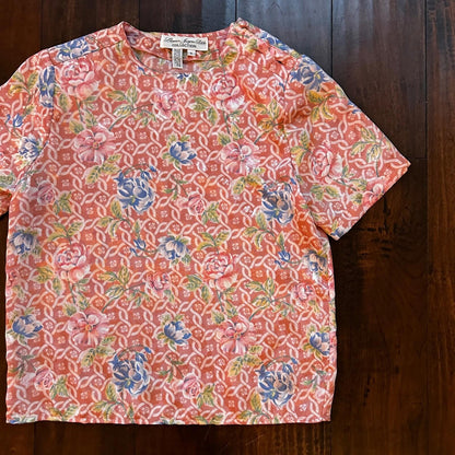 VTG Laura and Jayne Peites Womens Semi Sheer Blouse Blue Button 4 Floral Cute