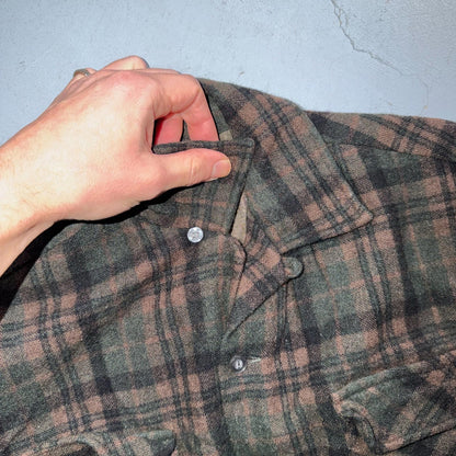 VTG 60s Penneys Shirt Brown Plaid Wool Button Loop Collar Rockabilly 1960s