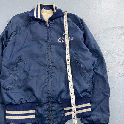 Vtg Coors Light Satin Poly Bomber Jacket Rockabilly Blue USA Talon 1960s 1970s