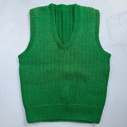 VTG Green Vest Knitted Sleeveless Sweater Pullover Handmade Knit 70s 1970s