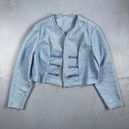 Vtg 70s Blazer Womens Blue Wool Houndstooth Knit Collar Luxury Office USA