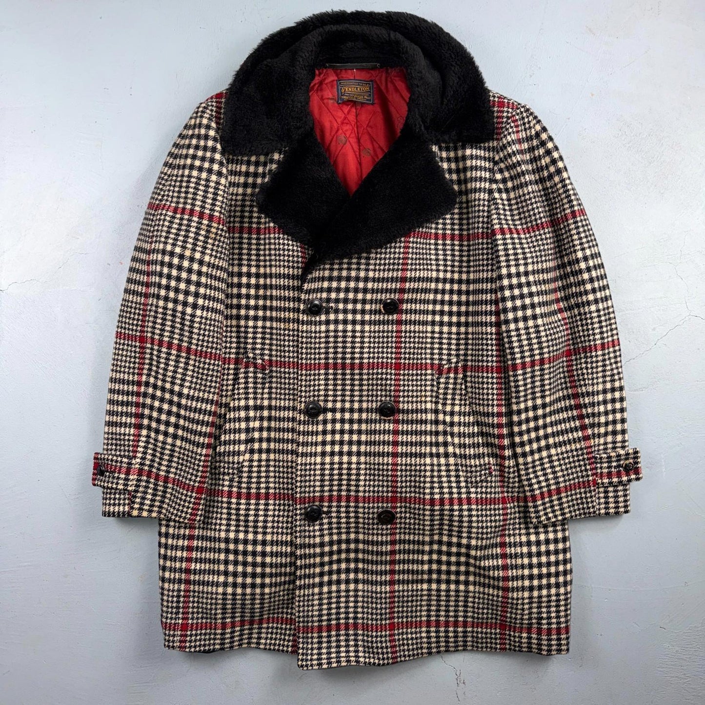 VTG Pendleton Jacket Black Plaid Wool USA Double Breast Chore Car Coat 60s 1960s
