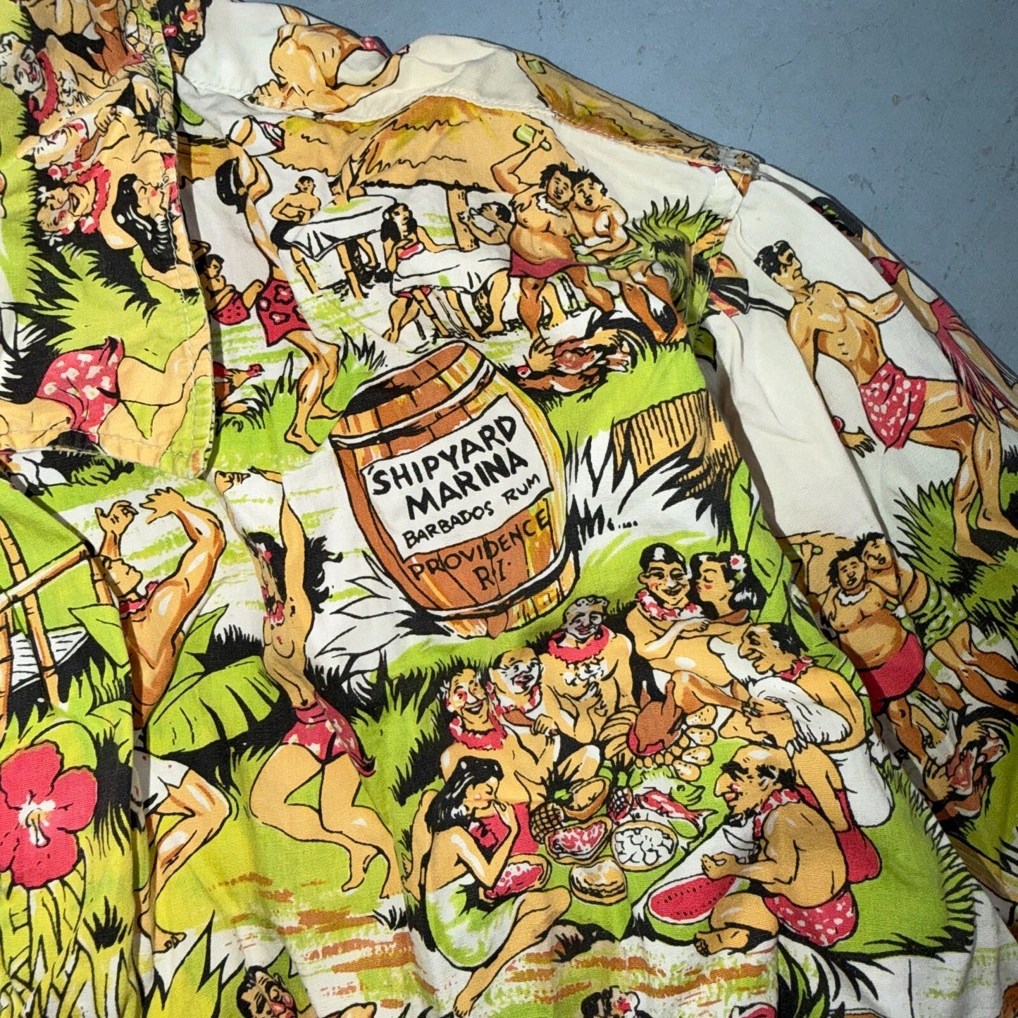 VTG 50s Hawaiian Aloha Shirt Dance Rockabilly Novelty Print Pinup Pin Up Girls