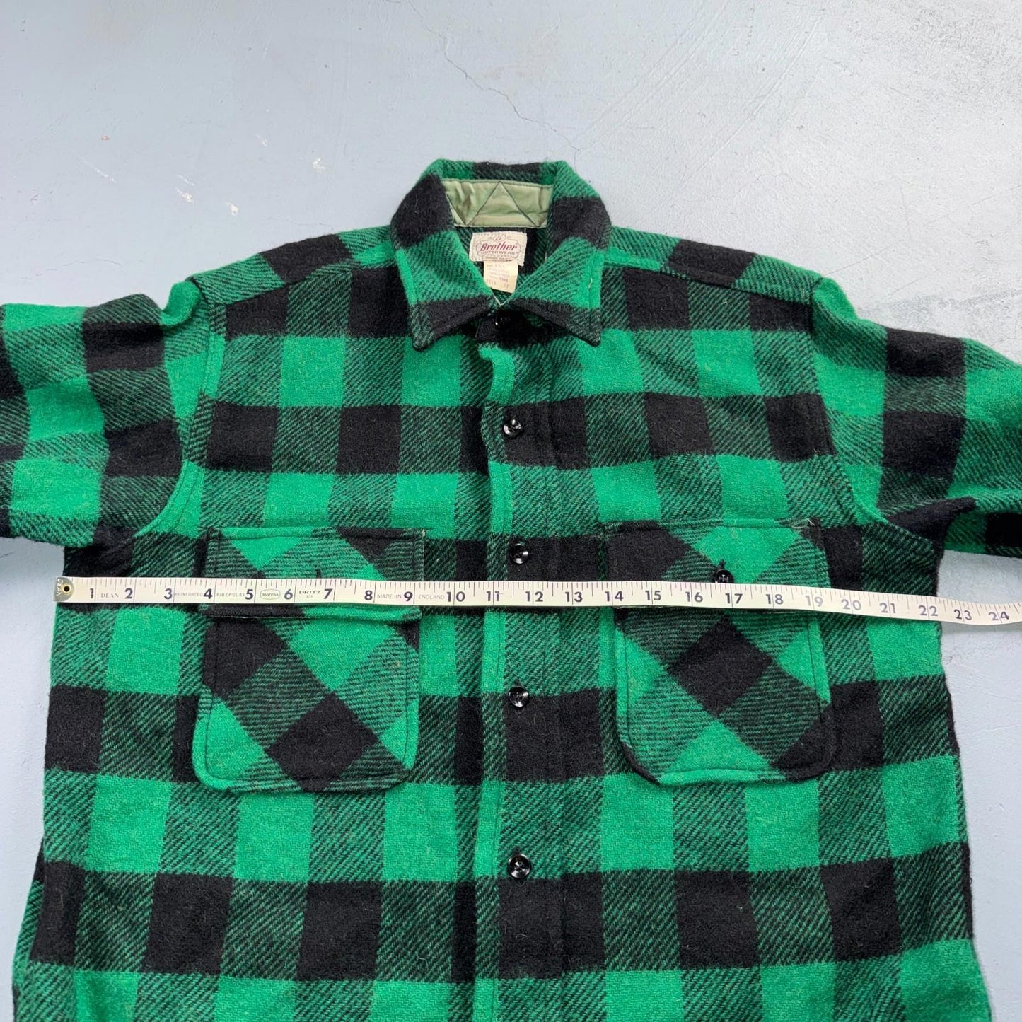 Vintage 1950s Five Brother Green Wool Buffalo Plaid Button Down Shirt Rockabilly