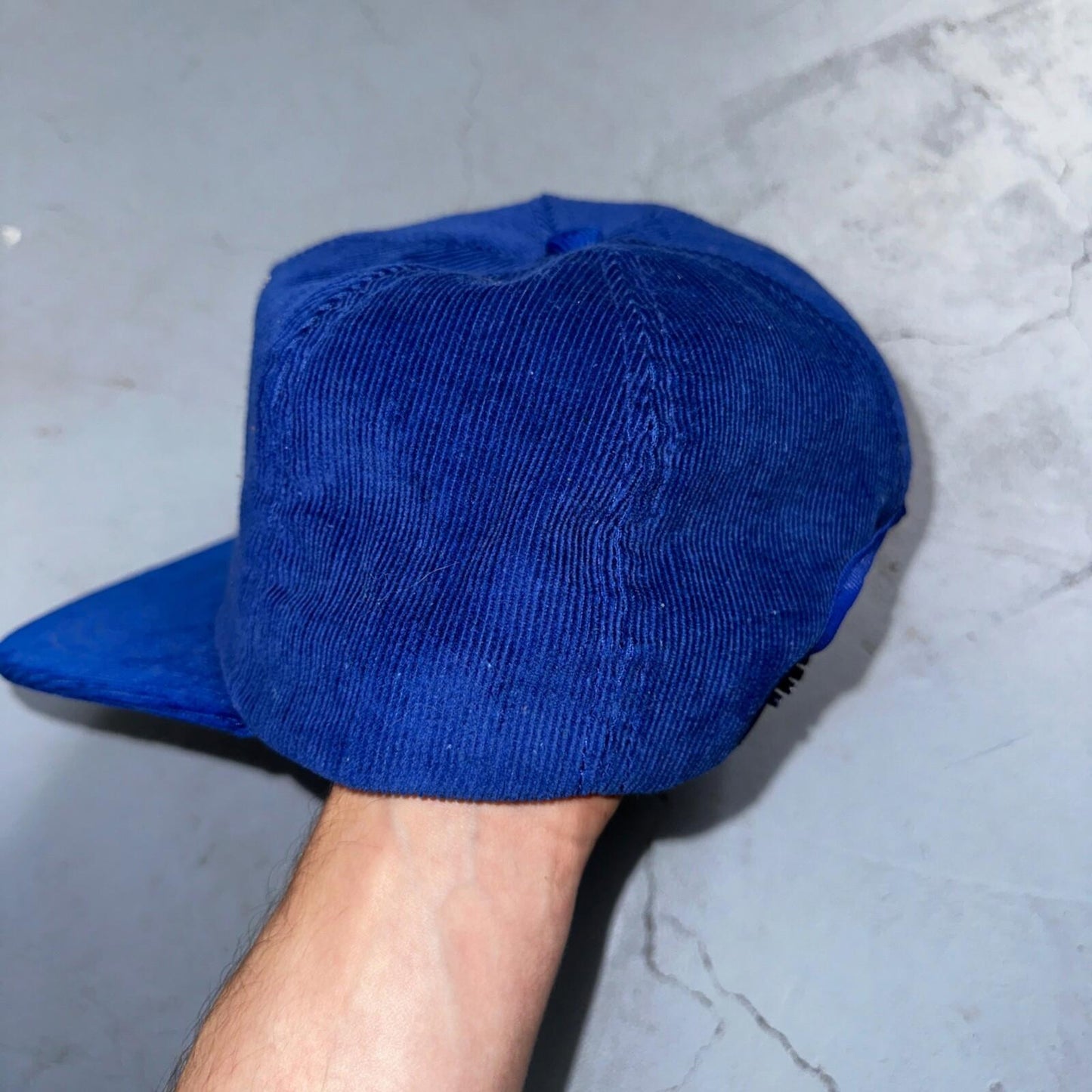 Steel Fab Blue Corduroy VTG Hat Cap Snapback Alaska USA Trucker Ocean Cool
