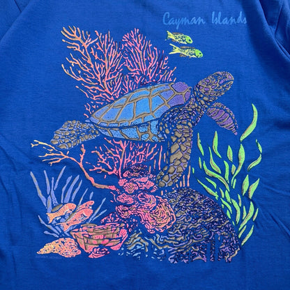 VTG 90s Cayman Islands Sea Turtle Coral Reef Graphic T Shirt Blue Single Stitch