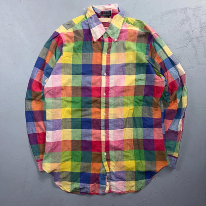 VTG Albert LTD Blue Yellow Button Up Long Sleeve Picnic Plaid Large USA Designer
