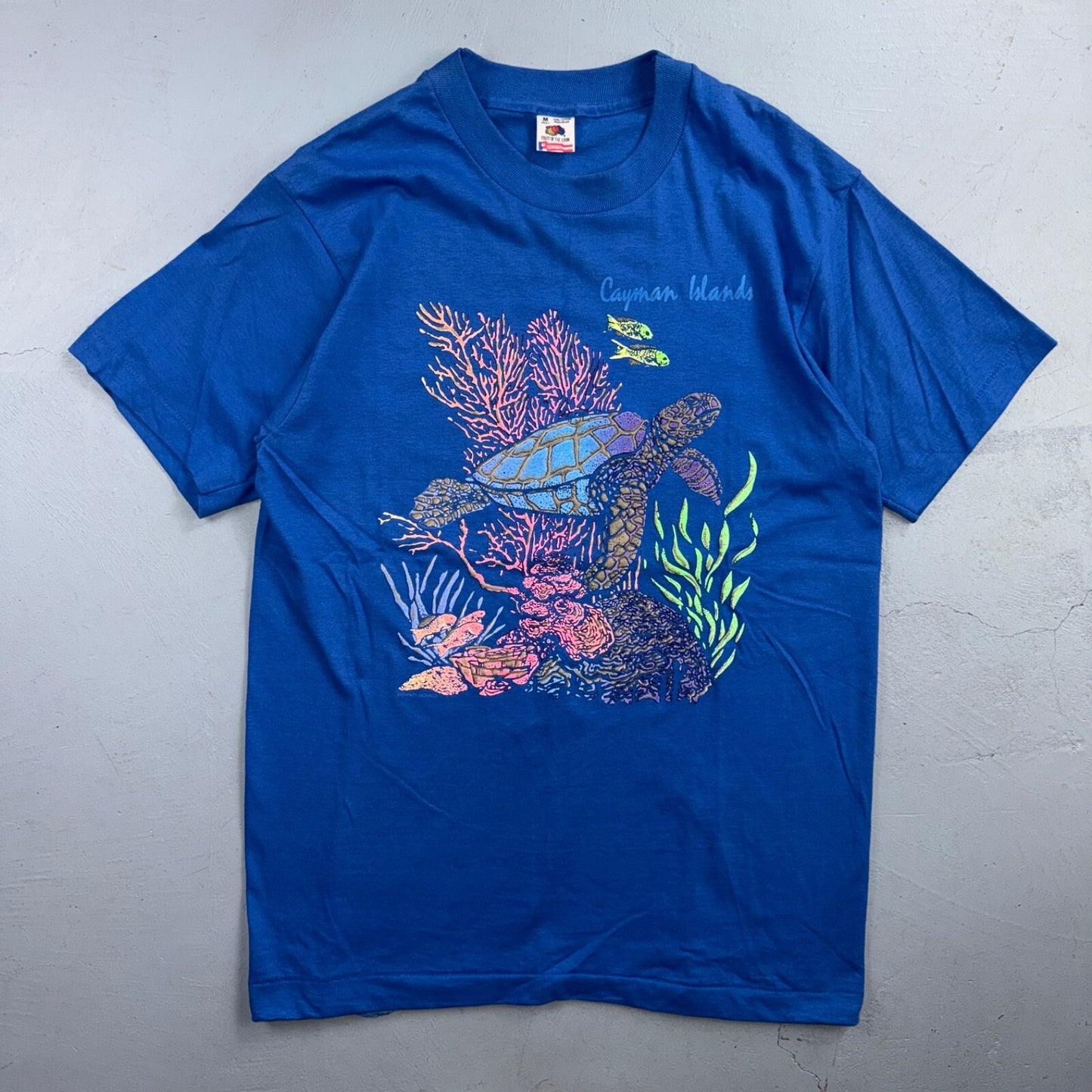 VTG 90s Cayman Islands Sea Turtle Coral Reef Graphic T Shirt Blue Single Stitch