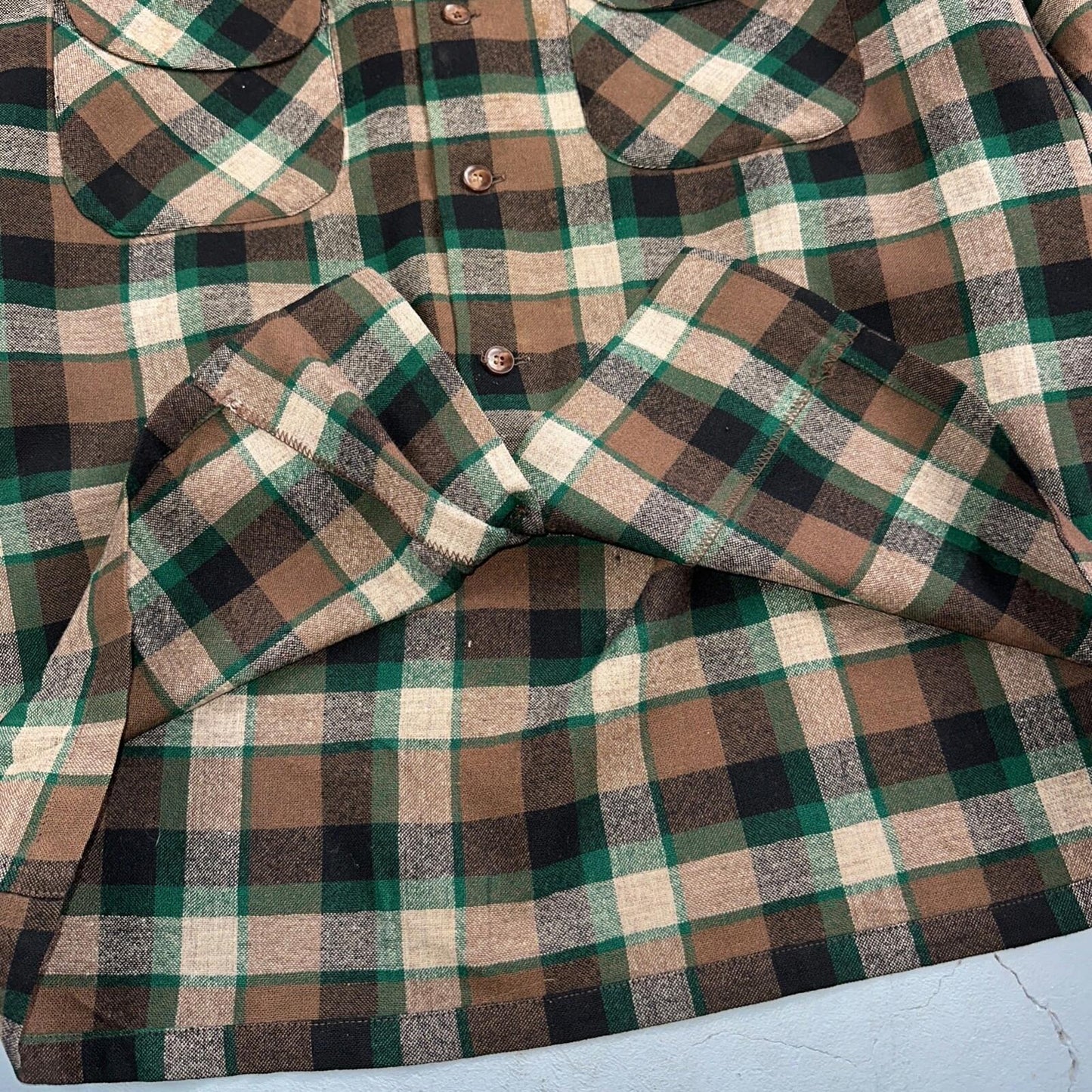 Pendleton 1950s Loop Collar Board Shirt Wool Plaid Flannel Shirt Brown Green VTG