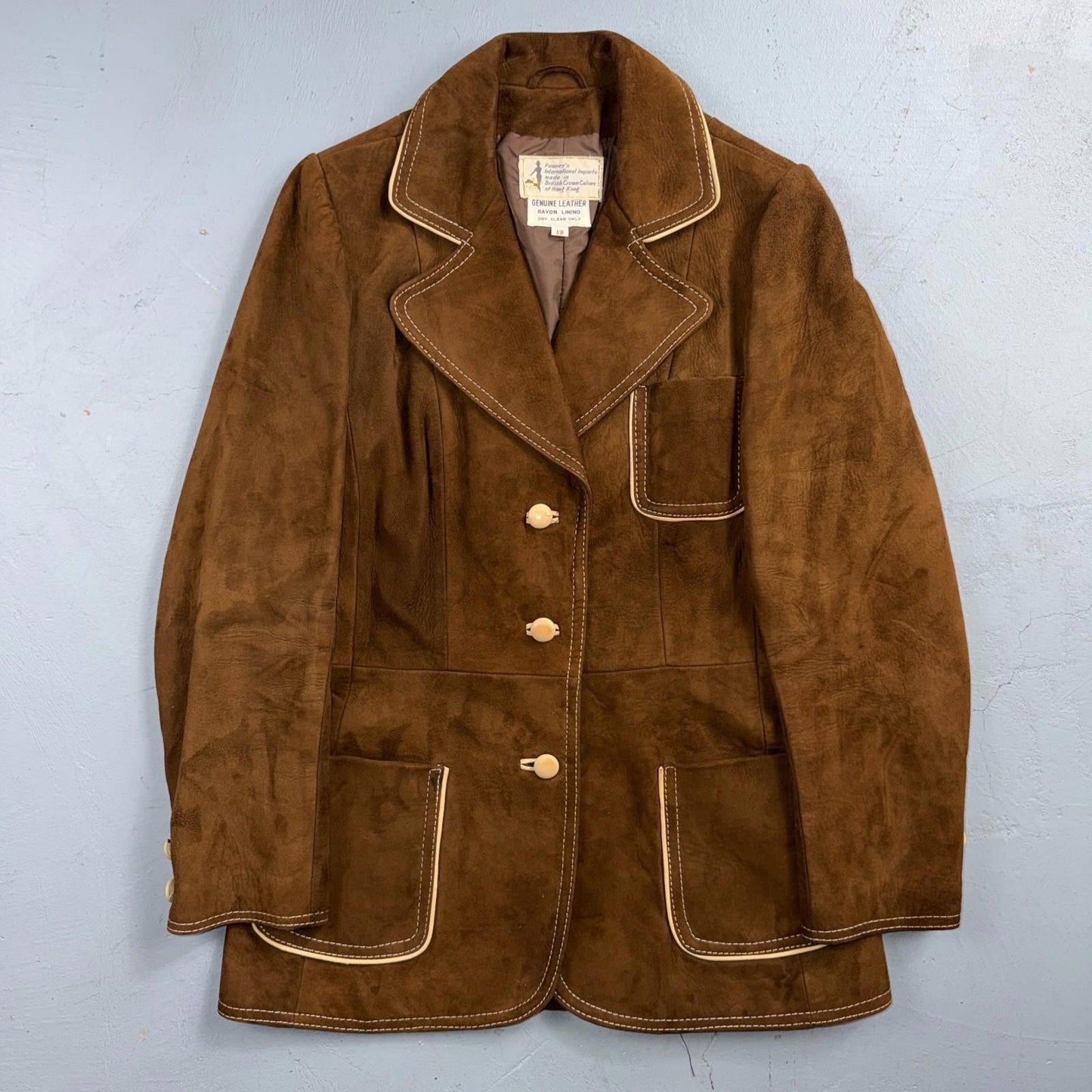 VTG Penneys 70s Suede Leather Button Up Jacket Brown Boho Hippie Western Sz 12