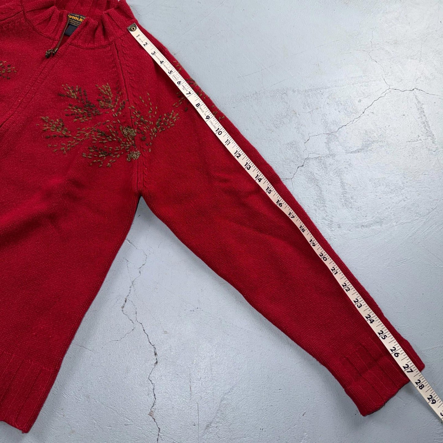 Woolrich 100% Lambswool Red Zip Up Embroidered Fall Autumn Holiday Cardigan Sz L