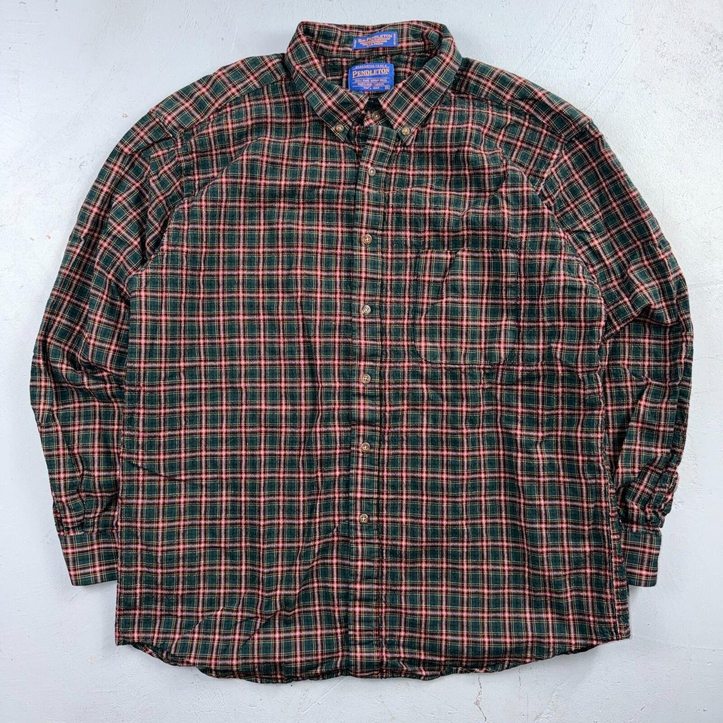 Pendleton Shirt Mens XL VTG Green Red Plaid Sir 100% Wool USA Fabrics VTG