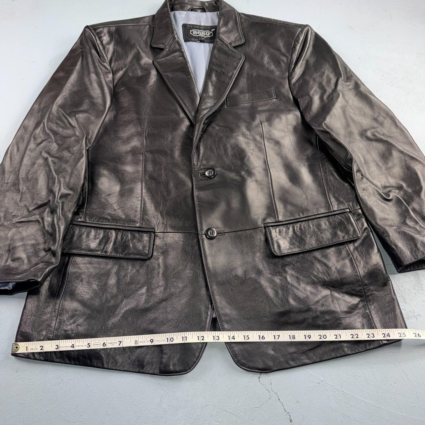 BGSD Mens Black Leather 2 Button Front Collared Jacket Size XL S Lambskin