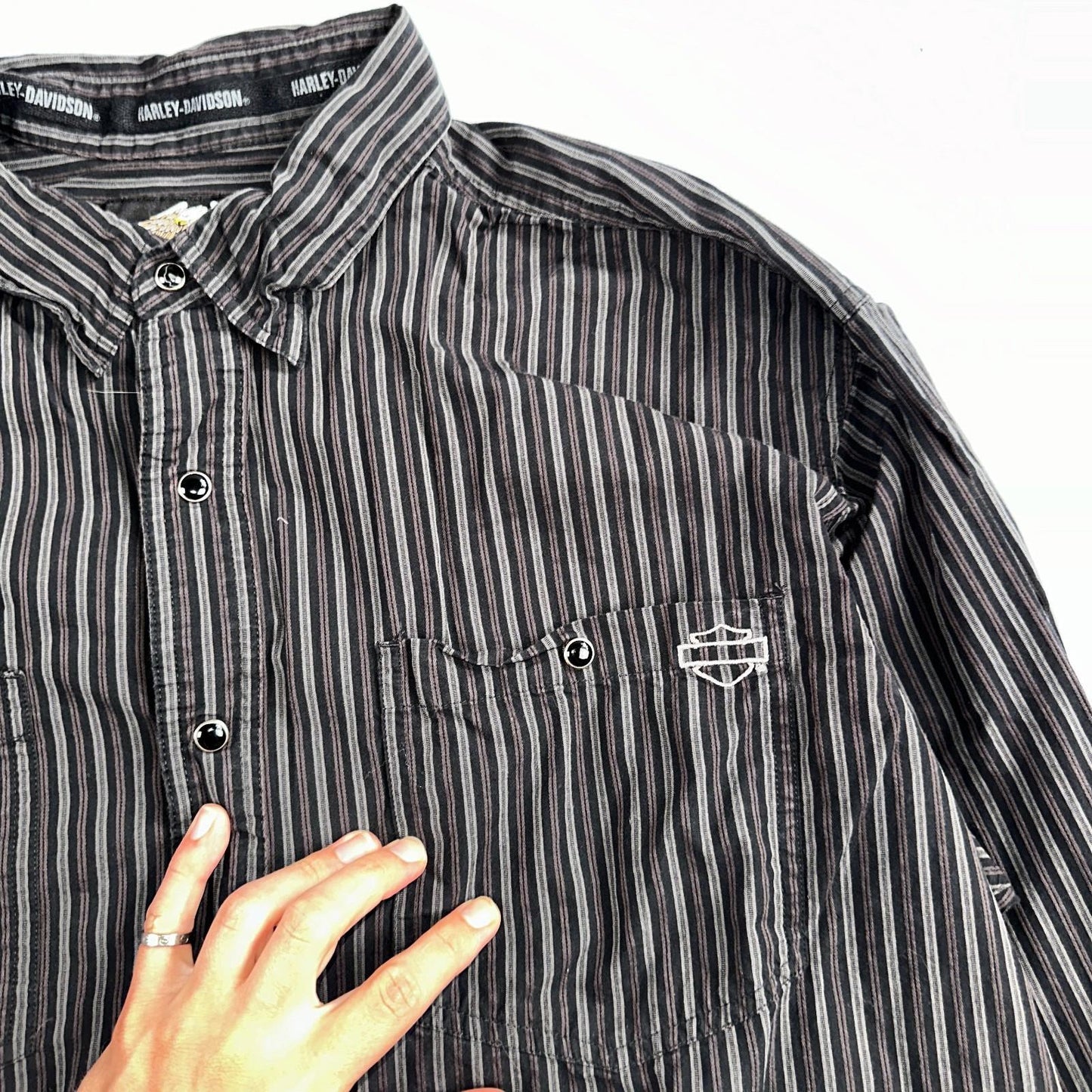 Harley Davidson Pearl Snap Black Shirt Mens XL Striped Biker Motorcycle VTG
