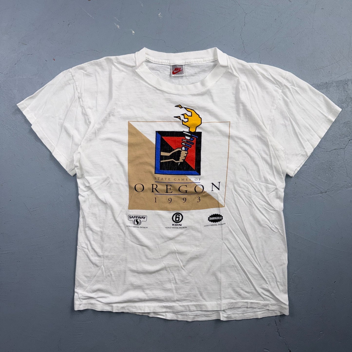Vintage Nike State Games Of Oregon 1993 Torch T Shirt White USA JDI Large 90s