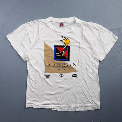 Vintage Nike State Games Of Oregon 1993 Torch T Shirt White USA JDI Large 90s