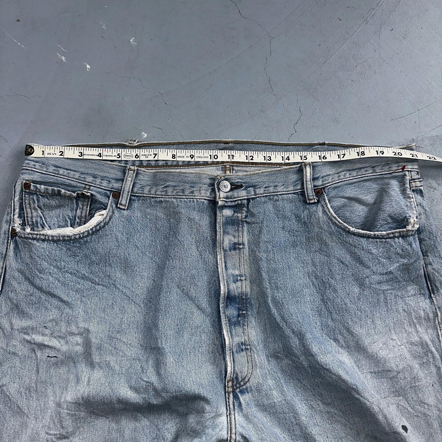 Levis 501 Vintage Y2K XX Straight Leg Jeans Rips Blue Light Wash 46x32 Act 42x28
