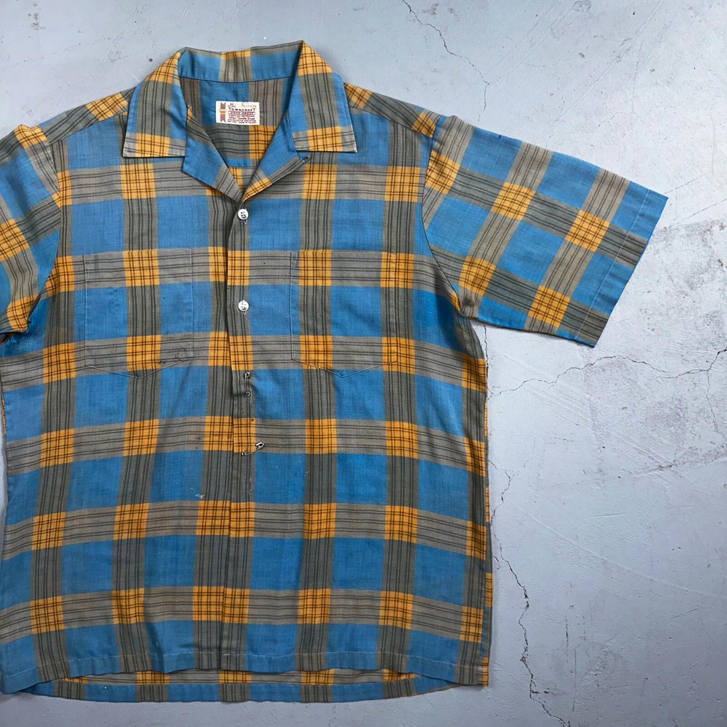 VTG 1960s Penneys Towncraft Blue Camp Loop Collar Shirt Rockabilly Button Plaid