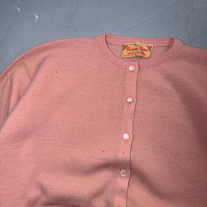 VTG 1940s 1950s Wool Cardigan Sweater Rockabilly Womens Knit Pink Bonnie Brian