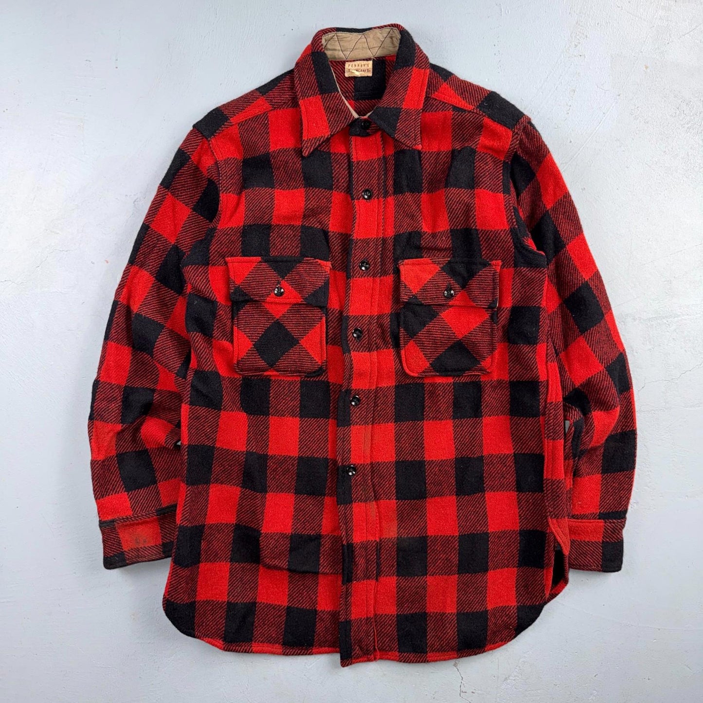 VTG 1940s Penneys Jacket Red Black Wool Buffalo Plaid 40s 50s Flannel Shirt Wool