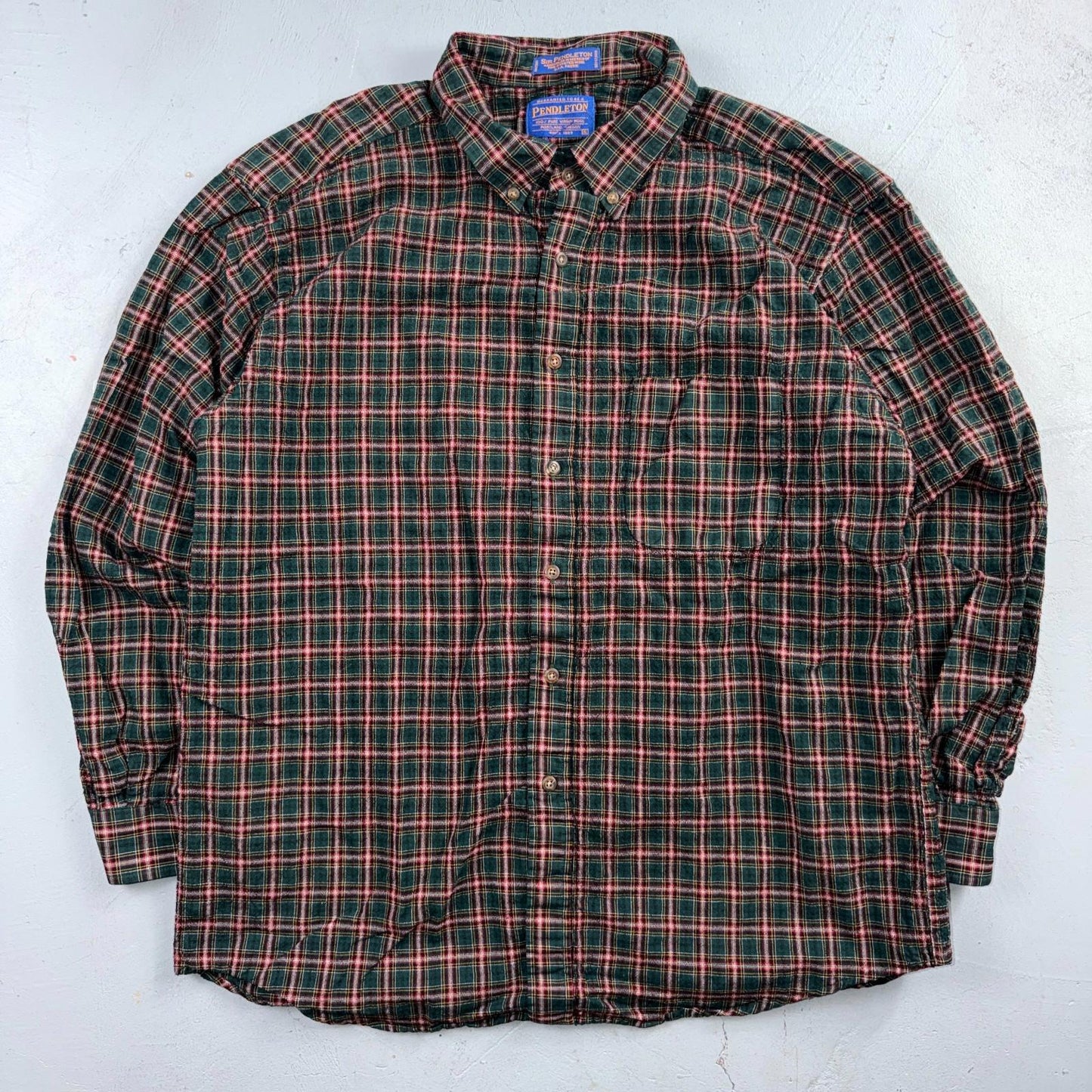 Pendleton Shirt Mens XL VTG Green Red Plaid Sir 100% Wool USA Fabrics VTG