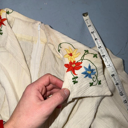 VTG 50s 60s White Long Sleeve Dress Summer Movie Boho Hippy Rockabilly Flowers