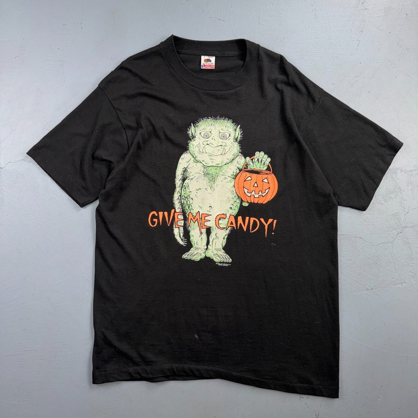 Give Me Candy Ogre Goblin Halloween VTG T Shirt Glow In Dark FOTL 90s Black