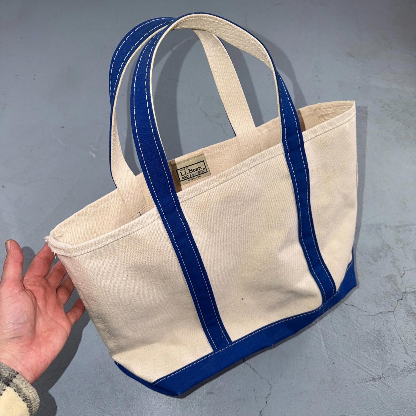 VTG LL Bean Boat & Tote Small Canvas Bag Navy Blue Freeport Maine 17x11x6