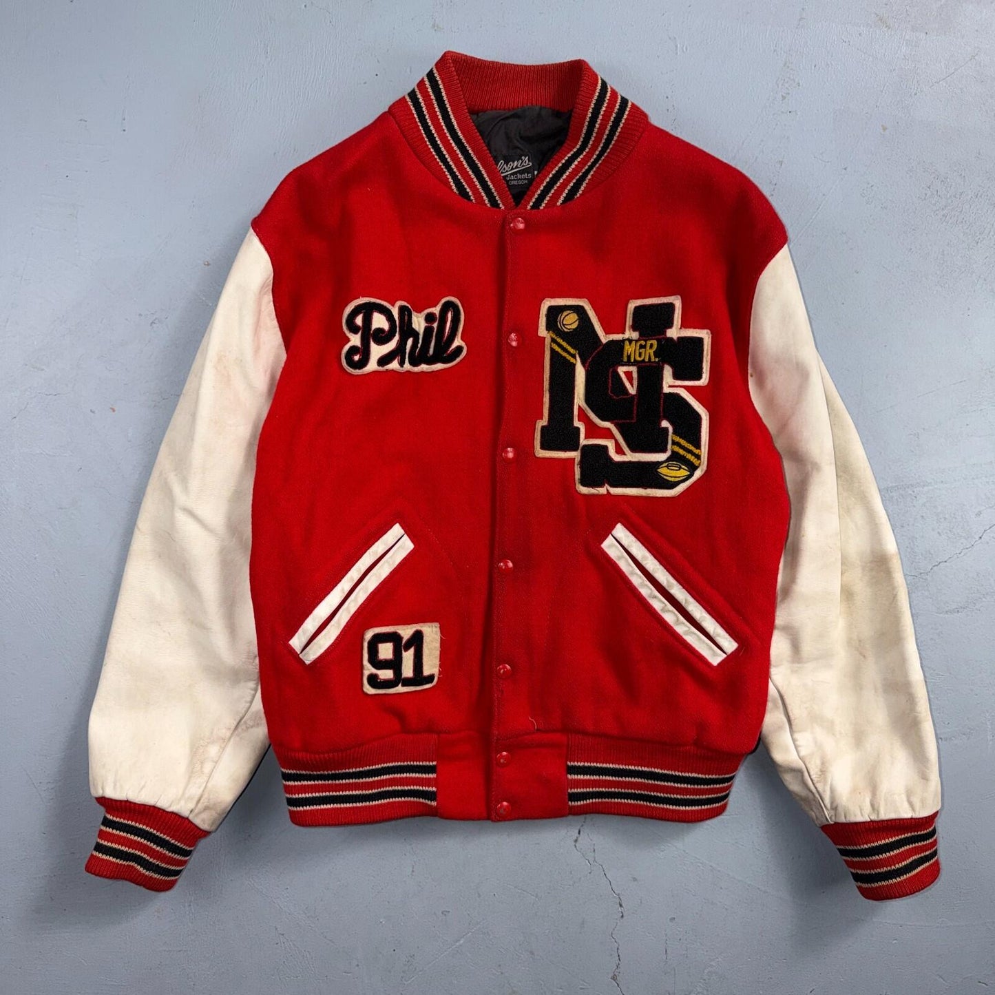 VTG 70s Nelson Varsity Jacket Letterman USA Made Leather Collegiate 44 Red Phil