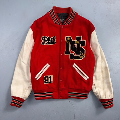 VTG 70s Nelson Varsity Jacket Letterman USA Made Leather Collegiate 44 Red Phil