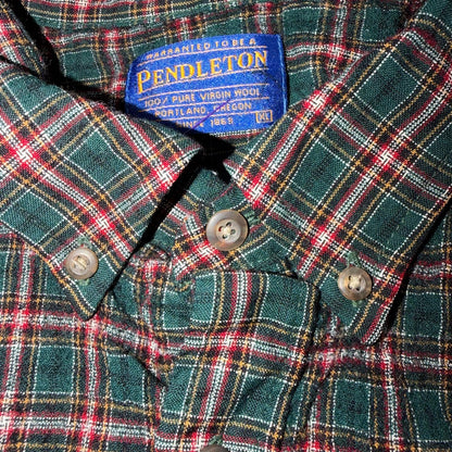 Pendleton Shirt Mens XL VTG Green Red Plaid Sir 100% Wool USA Fabrics VTG